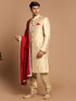 Men's Golden Brocade Slim Fit Sherwani Set With Maroon Dupatta